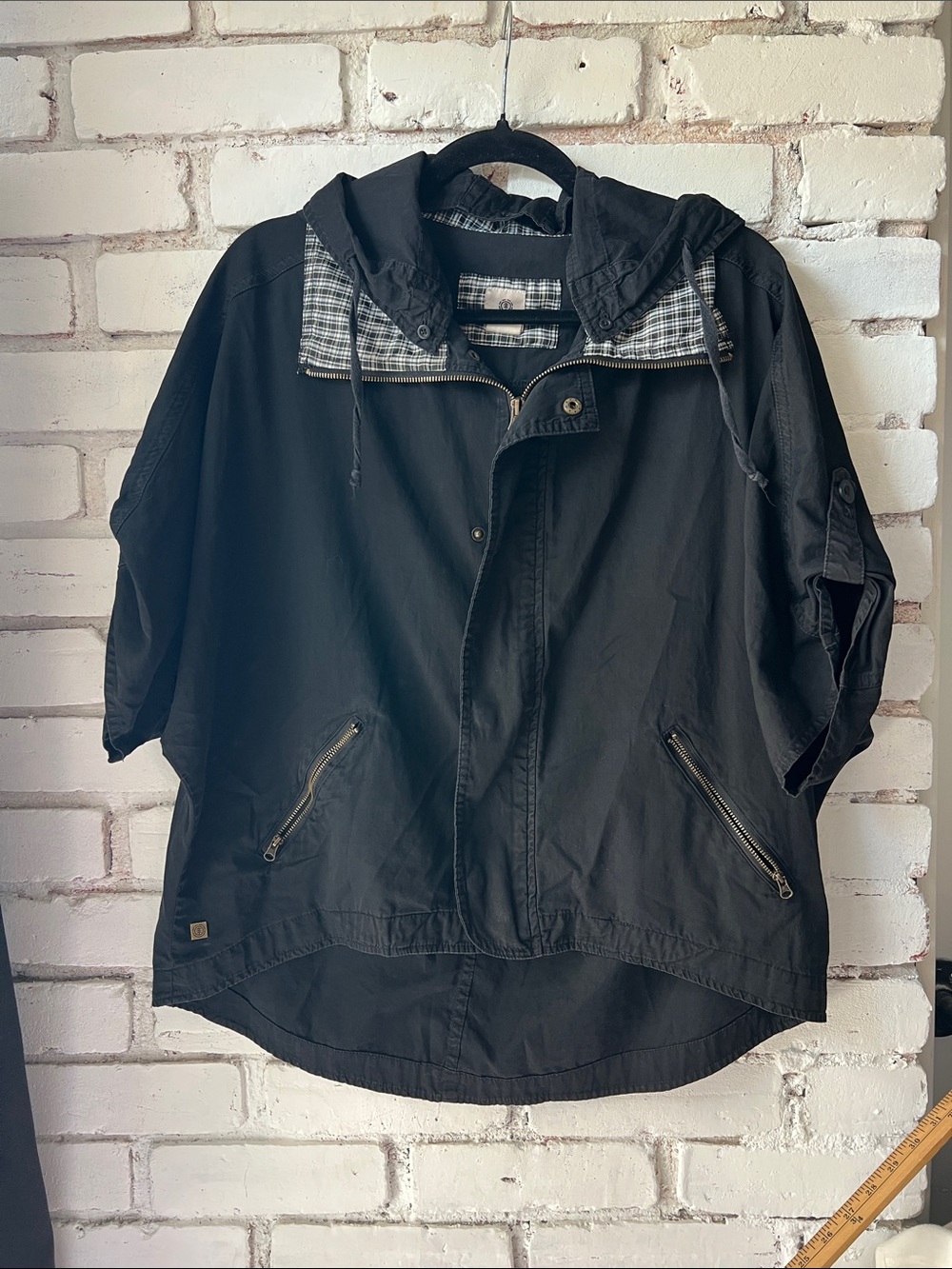 Y2K flutter sleeve Element Black Jacket with Plaid Inner Collar